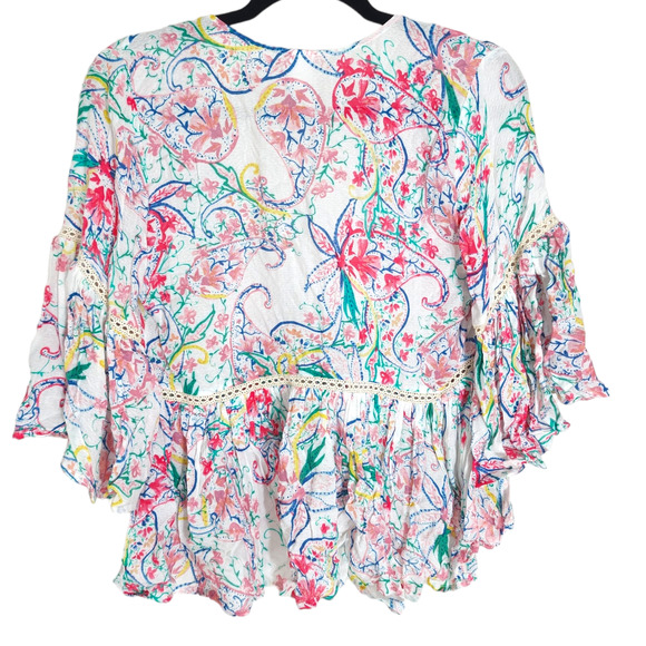 L Space Crop Blouse Womens S Multicolor Paisley Short Flutter Sleeve Tie Front - Picture 2 of 9